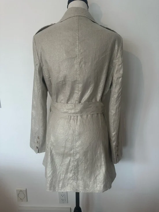 Linen Cotton Blend Metallic Trench Coat Chic Classic Statement Blazer Coat - Picture 8 of 14
